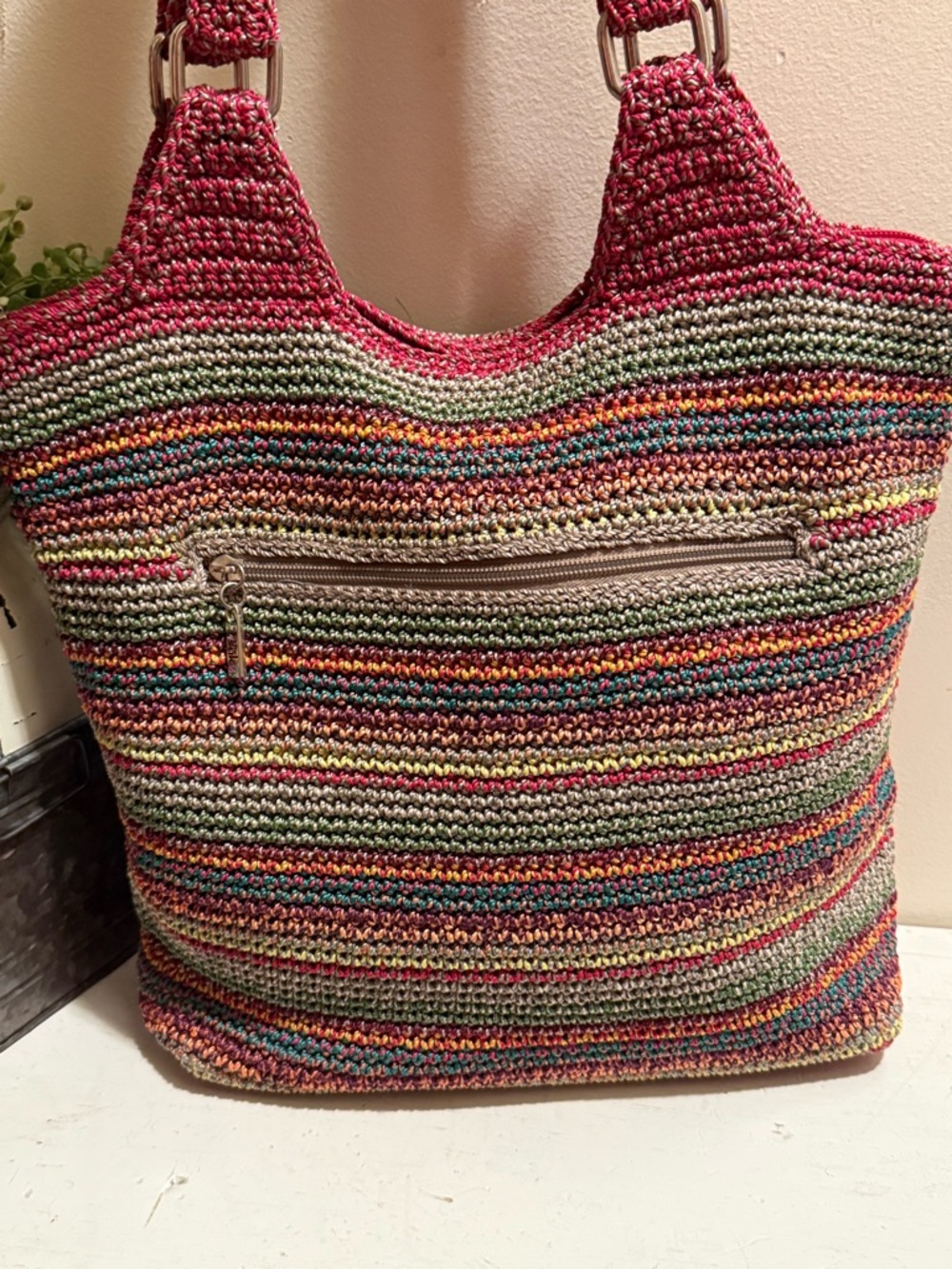 The Sak Belle Crochet Large Hobo Tote Purse Bag Multicolor Stripe EUC - Picture 3 of 9